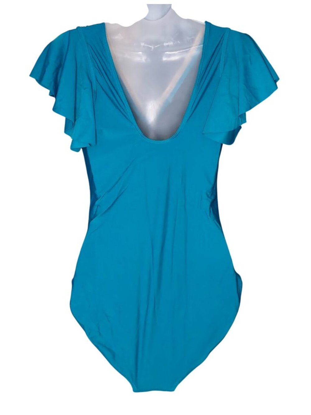 Teal Crochet Trim One Piece Swimsuit L Ruffle V Neck Tummy Control - Picture 7 of 8